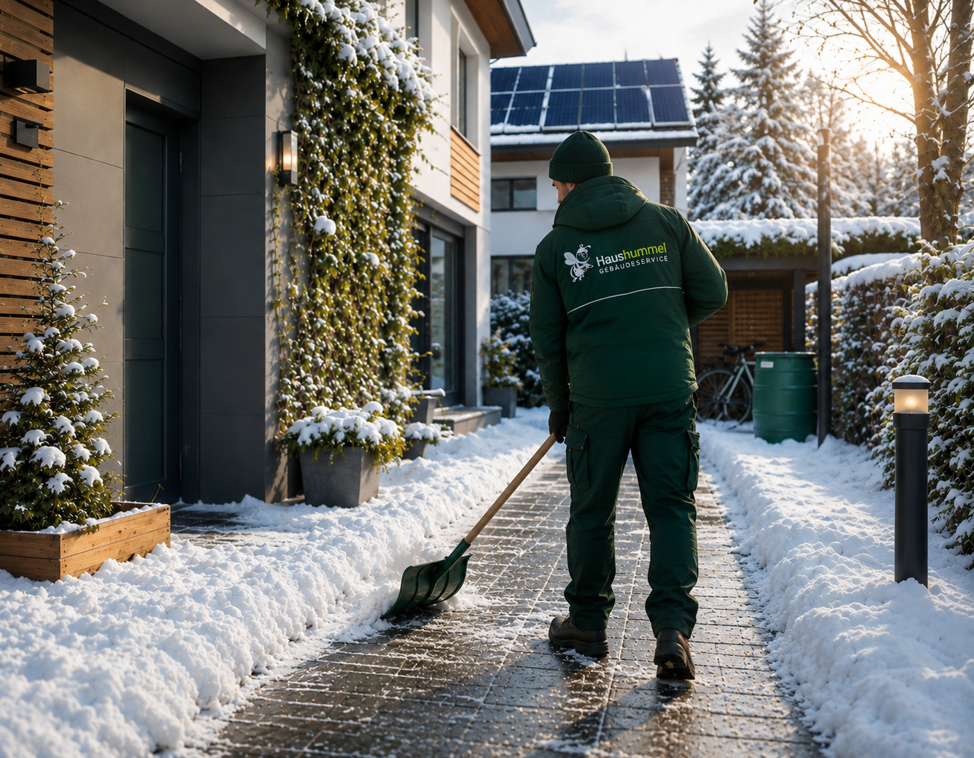 Mann schaufelt Schnee auf einem Weg vor modernen Häusern.